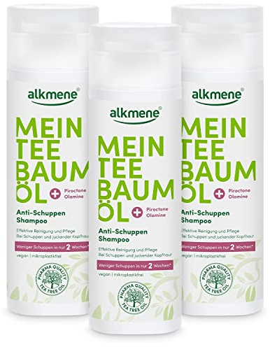 alkmene Mein Teebaumöl Anti Schuppen Shampoo 3x 200 ml weniger Schuppen in 2 Wochen - naturreines Teebaumöl, vegan & klimaneutral - Antischuppen Shampoo gegen Schuppen & juckende Kopfhaut