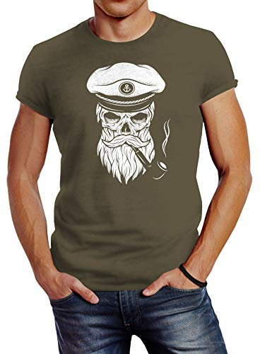 Neverless Herren T-Shirt Totenkopf Kapitän Captain Skull Bard Hipster Original Spirit Seemann Slim Fit Army M