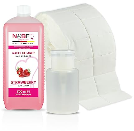 NAILS FACTORY | N&BF Nagel Cleaner Set mit Duft 500ml + Dispenser Pumpflasche Weiss 150ml + 1000 Zelletten Cellulose Pads (2 Rollen à 500 Stück) - 70% Isopropanol-Alkohol – für Gelnägel – (Erdbeer)