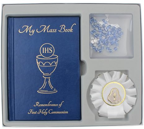 First Holy Communion Gift Set Mass Book, Rosary and Rosette - Blue 1816