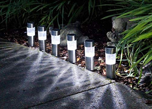 Garden Mile 12pc Modern Solar Stake Lights Stainless Steel Outdoor Lighting Bollards Solar Garden Lights Outdoor Waterproof Driveway and Pathway Lighting Perfect Lawn Decor Flowerbeds Planters Patio