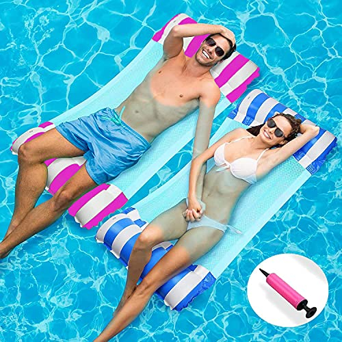 Hitatech 2Pcs 130CM Swimming Pool Float Hammock, 4-in-1 Saddle/Lounge Chair/Hammock/Drifter Inflatable Float Bed Raft Recliner Beach Hot Tub Mat (Blue & Pink)
