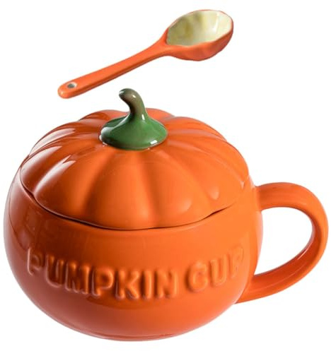 Tomaibaby Taza de cerámica con forma de calabaza para agua, tarro de condimentos, taza de café, té, taza de sopa de leche con tapa para (naranja)