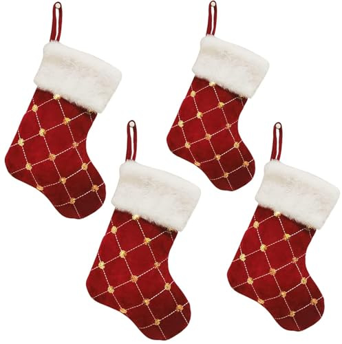 HANTURE Weihnachtsstrümpfe, 4 Stück für Familie, 22,9 cm, Mini-Stickerei, goldene Pailletten, Weihnachtsstrümpfe, weißer Luxus-Kunstfell, Weihnachtsstrumpf für Weihnachtsbaum, Urlaub, Party-Dekoration