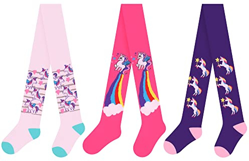 L&K-II Set di 3 collant per ragazze collant per bambini collant per neonate con graziosi motivi a unicorno multicolori in set 2730A 134-140