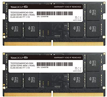 TEAMGROUP Elite TED564G4800C40DC-S01 Barrette Mémoire Vive RAM DDR5 64 Go (2 x 32 Go) 4800 MHz (PC5-38400) CL40 non ECC sans tampon 1,1 V 262 broches Mémoire Vive pour ordinateur portable