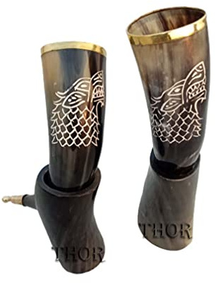 Drinking Wolf Horn Mug Tankard For Beer Wine Mead Ale Horn Viking Drinking Horn Mugs Buffalo Horn Mugs - for Men and Women set of 2 Pieces