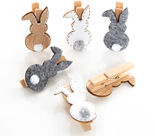 Mollette decorative coniglietto pasquale, 6 pezzi: clip in legno e feltro, piccole decorative, mollette regalo per fai da te, pasquali mini, colori naturale grigio bianco, 5 cm