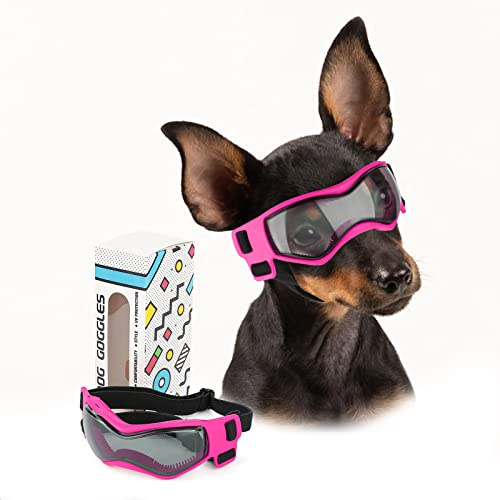 PETLESO Gafas de sol para perros para razas pequeñas, protección ocular anti-UV, resistente al viento, con correas ajustables para conducir/actividades al aire libre, color rosa