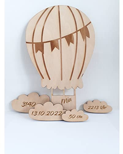Personalisierter Heißluftballon mit Wolken aus Holz | Deko Namensschild Kinderzimmer Holz | Ballon Holzbild mit Name für Mädchen und Jungen