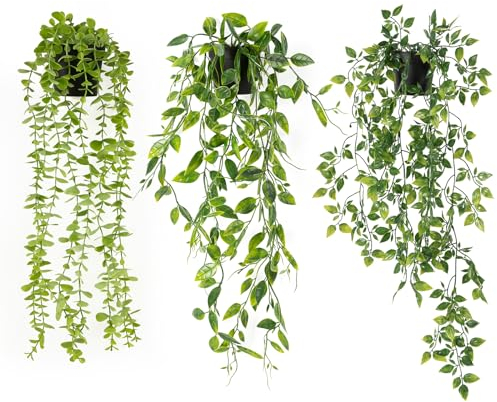 Kunstpflanze Hängend,Halbur 3PCS Künstliche Hängepflanzen Kunstpflanze Buschige Fallpflanze,Efeu Künstlich,Eukalyptus Deko, Mandala-Rebe für den Innenbalkon und die Gartendekoration im Freien,55–80 cm
