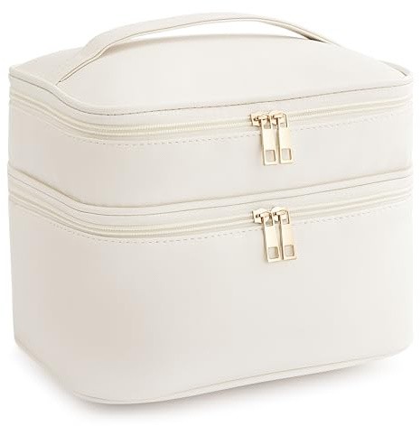 HBlife Double Layer Travel Makeup Bag Portable Cute Leather Cosmetic Bag Large Make Up Bag Makeup Case Organizer Toiletry Bag for Women Girls with Handle and Removable Divider(Beige)