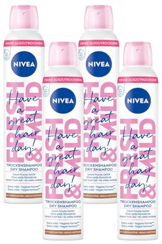 NIVEA Trockenshampoo Fresh & Mild (200 ml), extra mildes Trockenshampoo Spray für mittlere Haartöne mit angenehmem Duft, Trockenhaarshampoo für sofortige Frische (Packung mit 4)