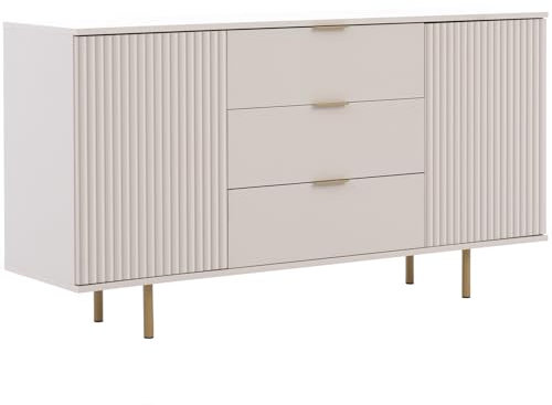 Marmex Nubia 02C Kommode mit 2 Türen und 3 Schubladen, Kommode mit geriffelten Türen, Kombikommode, große Kommode für Wohnzimmer, Schlafzimmer, Flur, 150x80x41 (Cashmere)