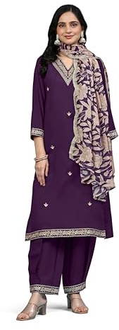 TRENDMALLS Dam Chanderi Silke Broderi Salwar Kostym Set Afghani Kurta Byxa med Dupatta Lila Kurta Set för kvinnor, Lila, L