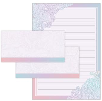 Briefpapier-Set Ornament Farbverlauf Briefblock mit Umschlag für Kinder Erwachsene Geschenk (Block A4 mit 25 Blätter + 15 Umschläge DIN Lang)