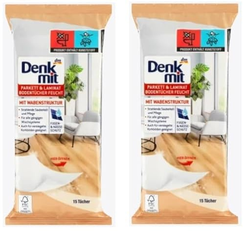 Denkmit Feuchte Bodentücher 2 x15 Stück | Ideal für alle glatten Böden & Laminat. Mikrofaser-Struktur für eine streifenfreie Reinigung