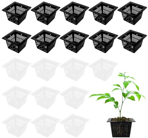 FERCAISH 20 Stück Kunststoff Hydrokultur Netztöpfe, Wasserkultur Pflanzkorb, Schwarz Schlitznetz Korbtöpfe, Quadrat Pflanzkörbe, für blumenzwiebeln Soilless Culture (Weiß+Schwarz)