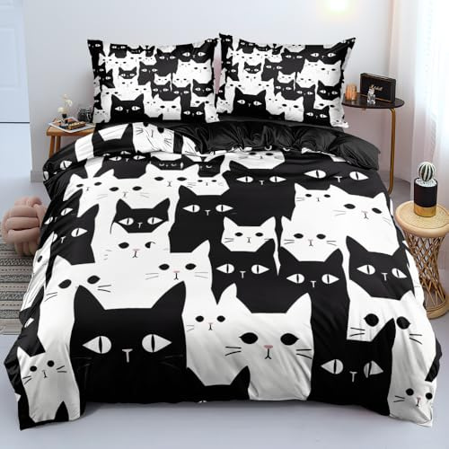 Luowei Halloween Bettwäsche 135x200 Katze Schwarz Weiß Bettwäsche Halloween Weich Kuschelig Microfaser Bettbezug Set 2teilig für Kinder Jungen Mädchen Geschenk mit Reißverschluss und 80x80 Kissenbezug