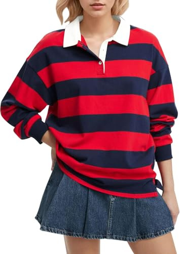 FENXIXIONE Dam långärmad randig poloskjorta överdimensionerad krage Y2K pullover T-shirt ledig gatuklädsel Rugby-tröja, Röd, S