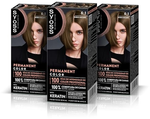 SYOSS Permanent Color 6-1 Biondo Scuro, tintura per capelli e maschera intensiva con cheratina per una copertura professionale dei capelli grigi, colore duraturo e cura intensiva, confezione da 3