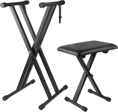 Bazayona Großer Keyboardständer Klavierbank Set, Doppel X Verstellbarer Keyboardständer Klavierständer mit abschließbaren Gurten für Erwachsene, (Großer Klaviertastaturständer x 1, Klavierbank x 1