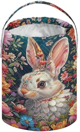 Hase, bunte Blumen, Osterkörbe, Häkelgarn-Tasche, kleine Häkeltasche, Kordelzug, Stricktasche, Mini-Garn-Aufbewahrungstaschen für Häkelanfänger, Strickzubehör und Zubehör