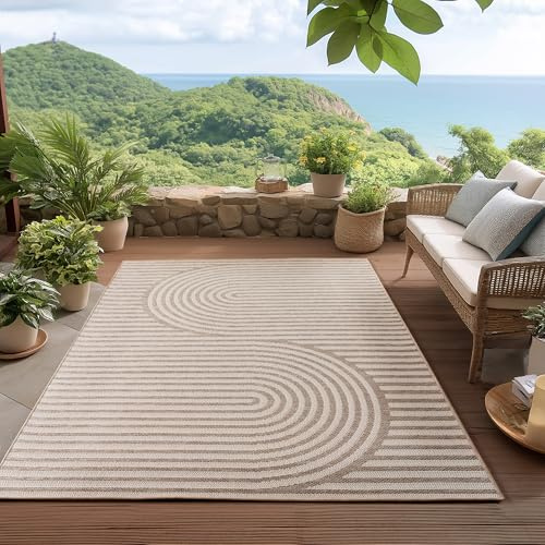 HomebyHome Outdoor Teppich Beige 120x170 cm Wetterfest UV-beständig Pflegeleicht Skandinavisches Boho Design für Küche Balkon Terrasse Garten Wohnzimmer