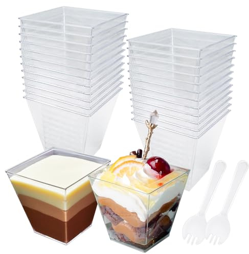 HVIHWI 25 Pcs Mini Dessert Cups with Spoons, 240ml/8oz Square Plastic Dessert Pots, Reusable Desert Bowls Cheesecake Dessert Cups for Desserts Mousses, Puddings, Party (7.3×7.3cm)