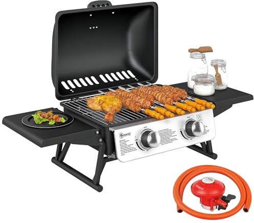 Outsunny 2 Burner Gas BBQ Grill with Foldable Side Tables, Portable Tabletop Gas Barbecue Grill with Built-in Thermometer, Lid, Grease Tray for Garden Party Camping Picnic Outdoor Cooking 5.6KW, Black
