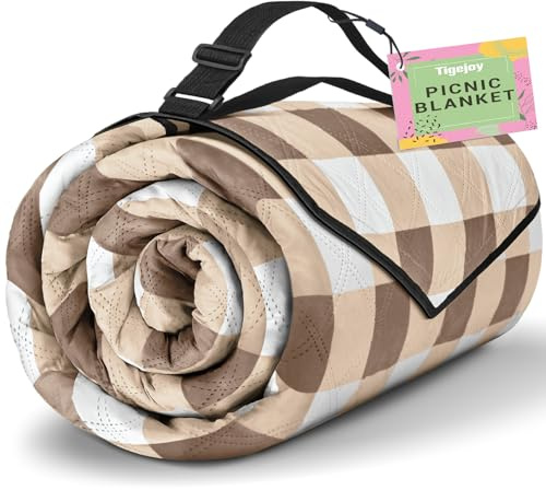 TigeJoy Extra große Picknickdecke, wasserdicht, Stranddecke, 203 x 206 cm | Outdoor-Picknickmatte, sanddicht, für Park, Strand, Gras, Reisen, Wandern, Camping-Essentials, Gingham-Picknickdecke, faltbar