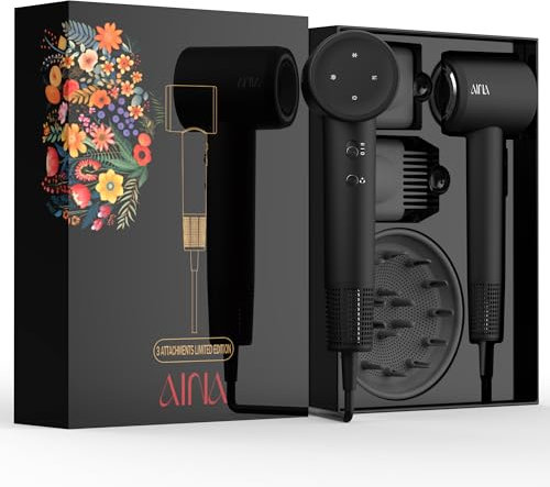 AINA Asciugacapelli, Professionale Ionico Negativo, Asciugacapelli Con Ad Alta Velocità di 160000 RPM, Motore Senza Spazzole per un'Asciugatura Rapida Con Ugello (3A Nero)