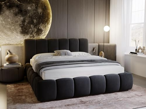 GRAINGOLD Cloud Bett 140x200, Polsterbett ohne Bettkasten, Polsterbett mit Stauraum, Samt, mit Lattenrost, mit Kopfteil, ohne Matratze (Dunkelgrau, 140x200)