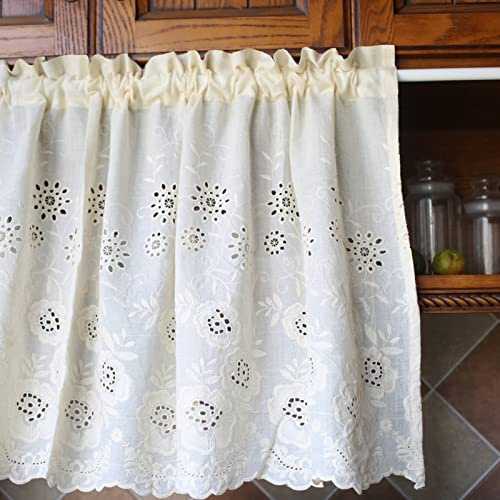 A.Monamour Short Curtain for Small Window Farmhouse Beige Cotton Floral Embroidery Window Treatment Valance Half Panel Drapes for Kitchen Café Bedroom Cabinet Door Curtain