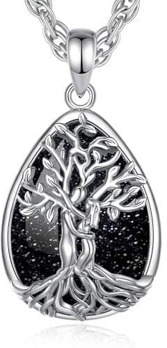 INFUSEU Collier Arbre De Vie Arbre Généalogique Cristal Obsidienne/Cornaline/Améthyste/Pierre de Lune/Malachite/Turquoise Pendentif Guérison Protection Medaillon Bijoux Cadeau Pour Femme