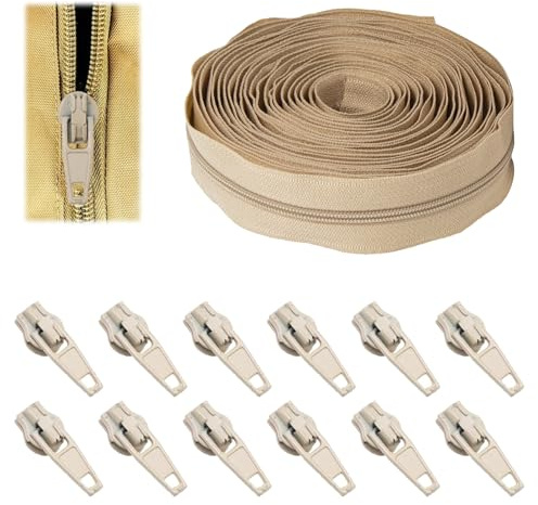 Fermeture éclair continue robuste de 5 m avec 12 curseurs – Bobine de nylon beige pour couture, rembourrage, coussins, loisirs créatifs et fermetures éclair de rechange