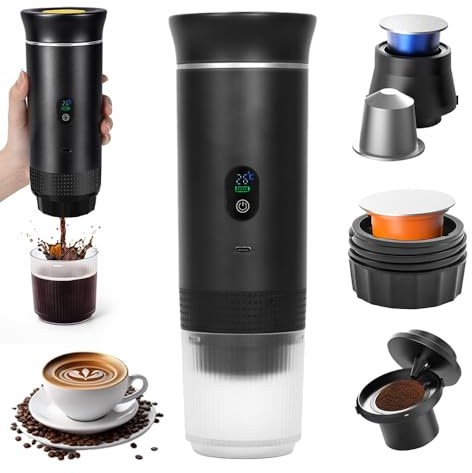 BIZOI Tragbare Espressomaschine, 3-in-1 Akku Kaffeemaschine, 12V Mini Kaffeemaschine für Unterwegs mit USB & Display, Kompatibel mit Kapseln Gemahlenem Kaffee für Auto, Camping, Wandern, Reisen & Büro