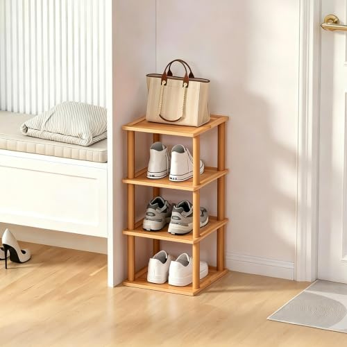 Aniston 4-Etagen-Schuhregal aus Bambus, freistehendes schlankes schmales Schuhaufbewahrungsregal, vertikales hohes Schuhregal für Garage, Schrank, Tür, Ecke, Wohnzimmer, kleine Räume