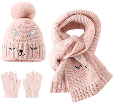 Conjunto de Beanie Bufanda Guantes para Niños, Gorro de Punto Cálido Invierno con Bordado de Conejo de Ojos Cerrados y Pompon, Sombrero Térmico Invierno Set para Niñas 2-6 Años (Rosa)
