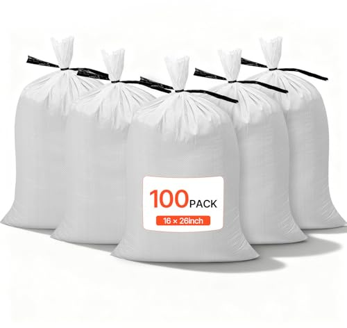 VEVOR Kraftiga sandpåsar, 100-pack 40 cm x 66 cm, tomma sandsäckar för översvämning med knytband, vävd polypropylen sandväska med 1 600 timmars UV-skydd, 22,7 kg kapacitet