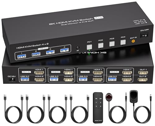 ATLAHET 4 Port Dual Monitor HDMI KVM Switch 4 Computers 2 Monitors 8K 60Hz 4K 120Hz KVM Switches for Four PC Share Four USB 3.0 Devices Support Copy and Extend Mode 23CM Longth