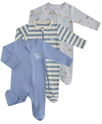 WYTbaby 3er Pack Baby Schlafanzug Baumwolle Strampler, Langarm Baby Overall Bekleidungssets mit Fußteil Und Umklappbaren Fäustlingen für 0-12 Monate