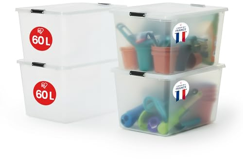 Iris Ohyama Aufbewahrungsboxen mit Deckel, 60L, 4er-Set, Silber, Sicherer Verschluss, Stapelbar, Griffe, für Schlafzimmer, Schrank, Büro, Organisation, BPA-freies Plastik, Ordnungsboxen, FTB-60