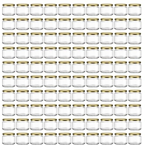 Vitrea 100x Marmeladengläser 330 ml - mit Deckel Gold TO 82 - Einmachgläser zum befüllen mit Schraubdeckel - Sturzgläser für Marmelade Schraubgläser - leere Gläser - 100 Stück
