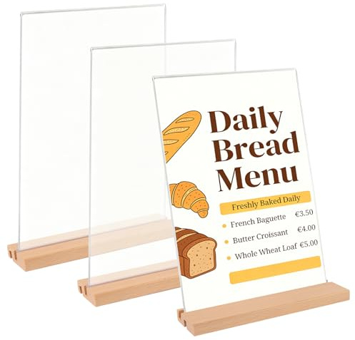 HFDONGL 3 Stück Aufsteller A4 Tischaufsteller A4 Preisschilder Aufsteller Acryl Tischständer mit Holzfuß Menükartenhalter für Büro Restaurant Cafe Shop Hochzeit (L&T Form - 2 Möglichkeiten)