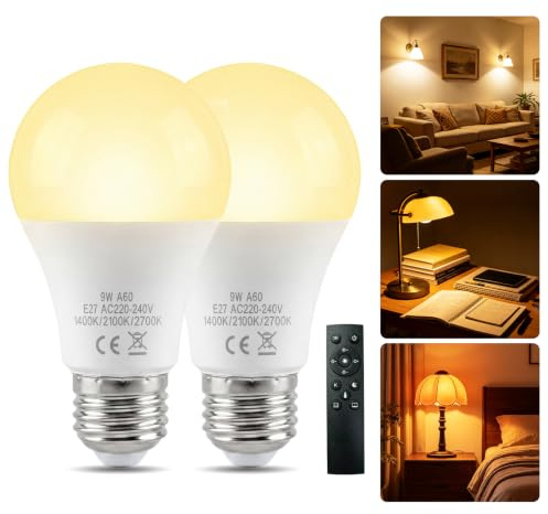 BrightWish Bombilla LED E27 con Mando a Distancia, 9W Bombilla E27 Regulable, Blanco cálido 2700K/Ámbar cálido 2100K/Ámbar ultra cálido 1400K, Bombilla Edison A60, Lot de 2