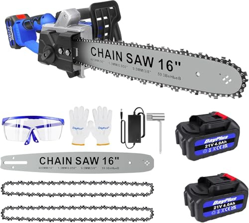16 Inch Brushless Chainsaw Cordless, Heavy Duty Chain Saw with Safety Lock & 2 Chains, Auto Chain Lubrication, Electric Chainsaw with 2x4000mAh Battery, Garden Electric Chainsaw to Cut Wood Tree