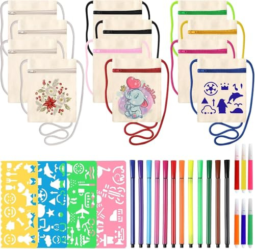 Votoko 12 Stück Stoffbeutel zum Bemalen, 17 x 13 cm DIY Umhängegeldbeutel, Stofftaschen Stoffbeutel zum Bemalen, Stofftasche Klein für Party, Schule, Geschenk
