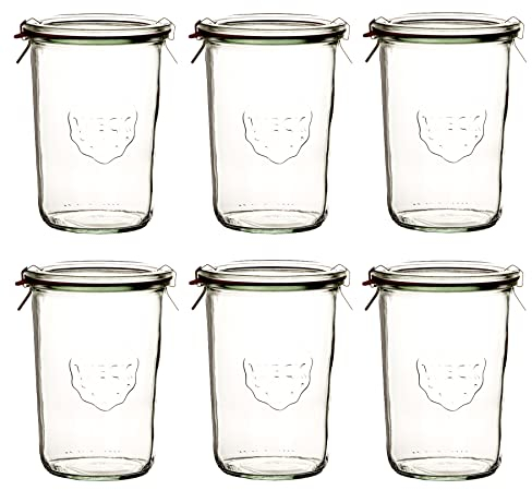 Weck 6x Sturzglas 850ml (3/4 Liter) mit Gummiring und 2 Klammern