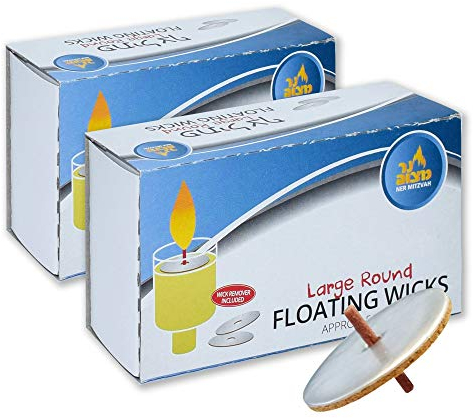Ner Mitzvah Round Floating Wicks – 100 Count (Approx.), Large Cotton Wicks and Cork Disc Holders for Oil Cups - Bonus Wick Removal Tweezers